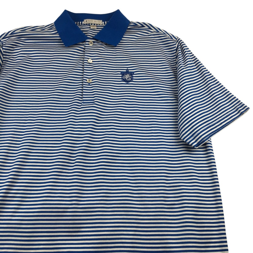Peter Millar Polo Shirt Mens L Royal Blue White Stripe Cotton Short Sleeve Crest